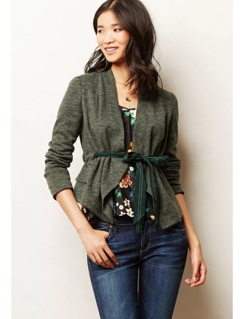 Anthropologie CARTONNIER Sweater Jacket Draped Tie Waist Peplum Deep Green SizeS